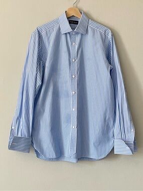 Ralph Lauren Purple Label Blue and White Stripe Dress Shirt with French Cuffs